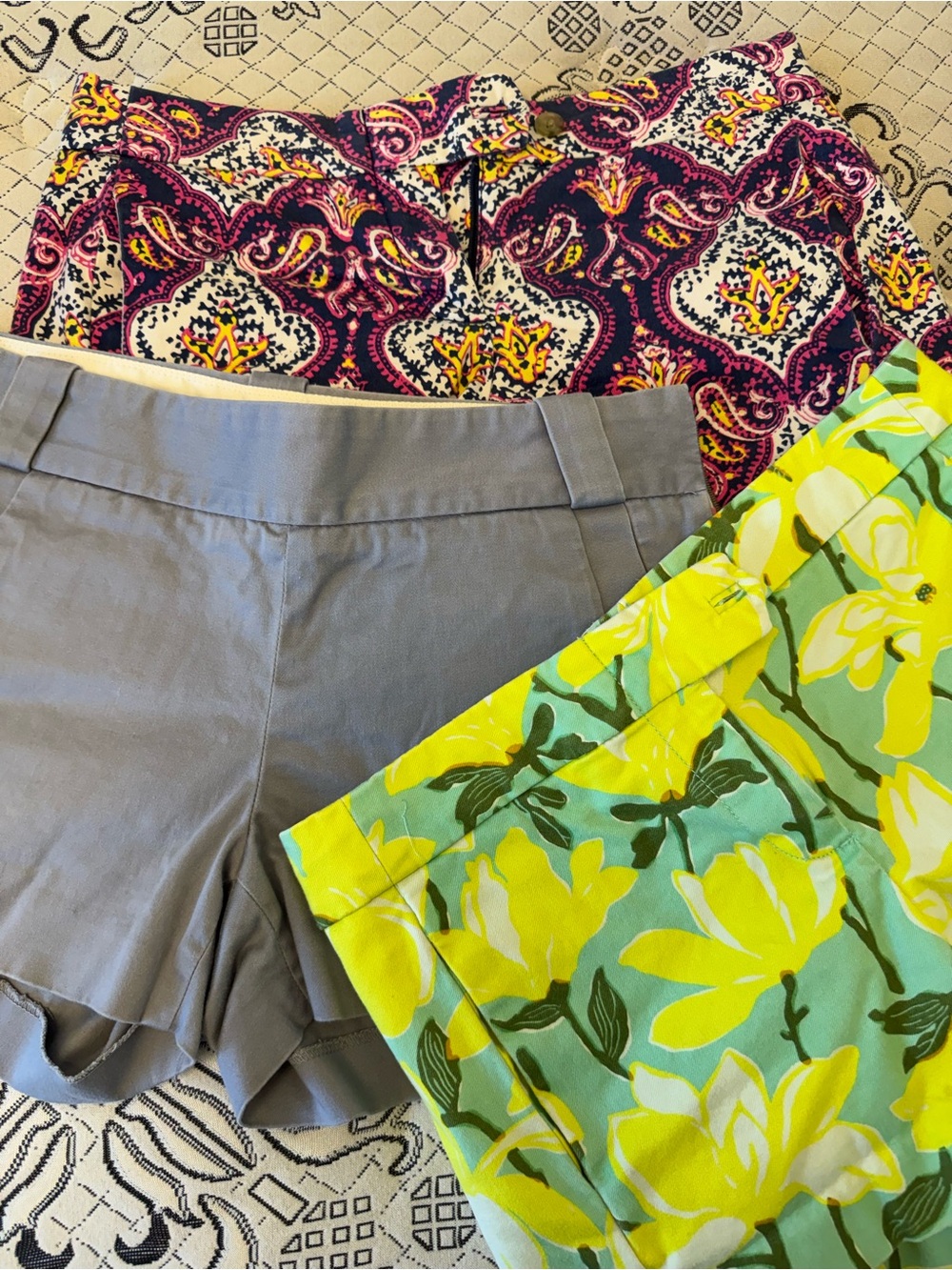 J. Crew Women’s Shorts Trio — Yellow Floral, Gray, Purple Paisley